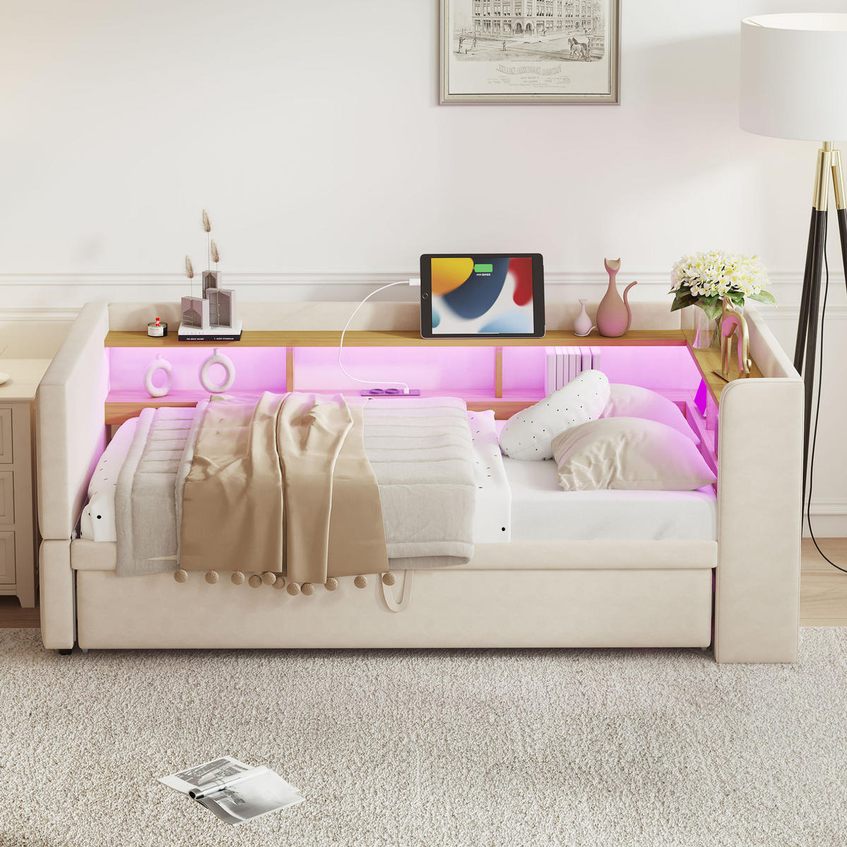 SCHLAFSOFA 90/190 cm mit LED-Beleuchtung, Steckdose, Ablagefächern und Flanellbezug, Beige - Beige, Textil (199/80/211cm) - Redom