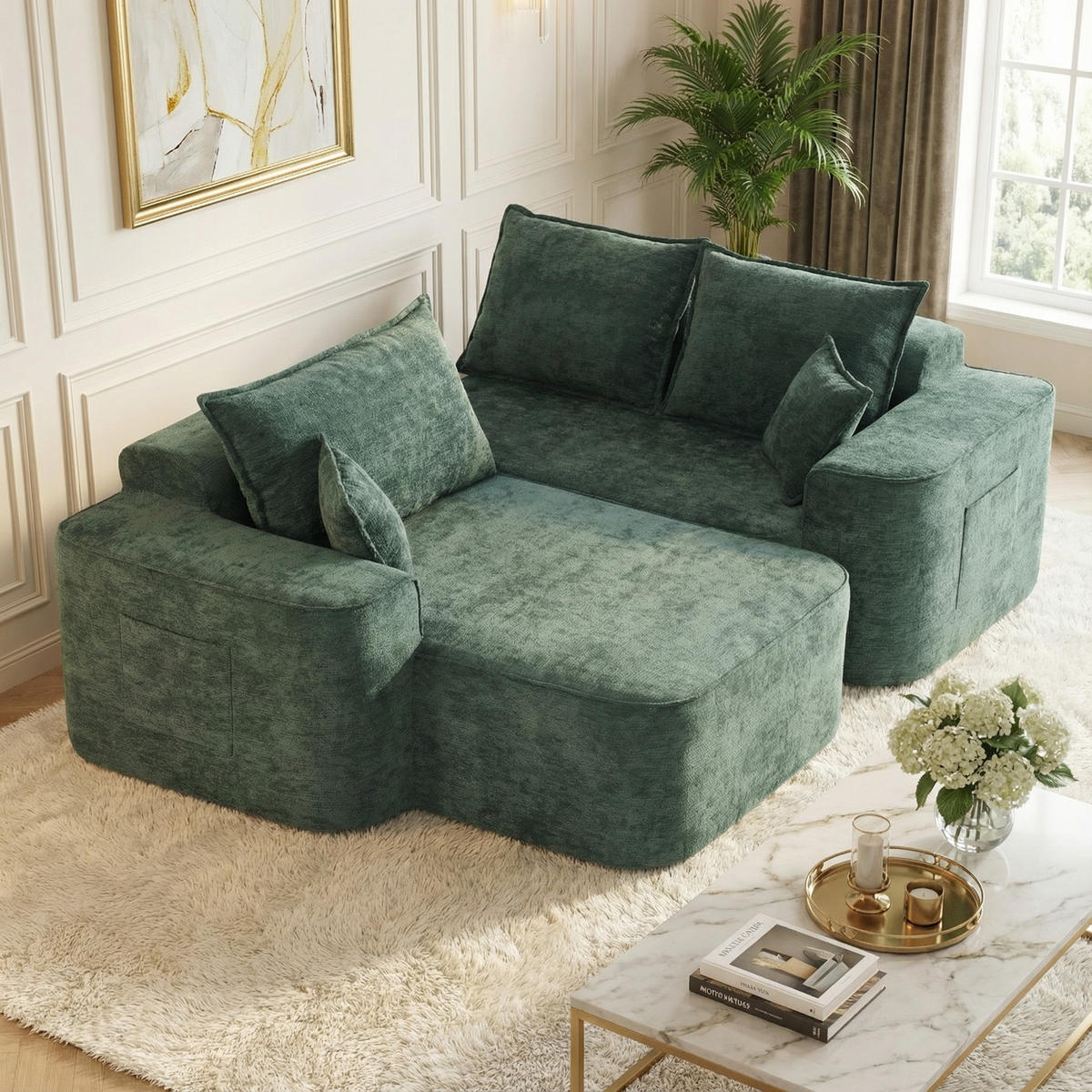 ECKSOFA Modulares L-Form in Chenille Montagefrei - Grün, Textil (262/144cm) - Urban Meuble