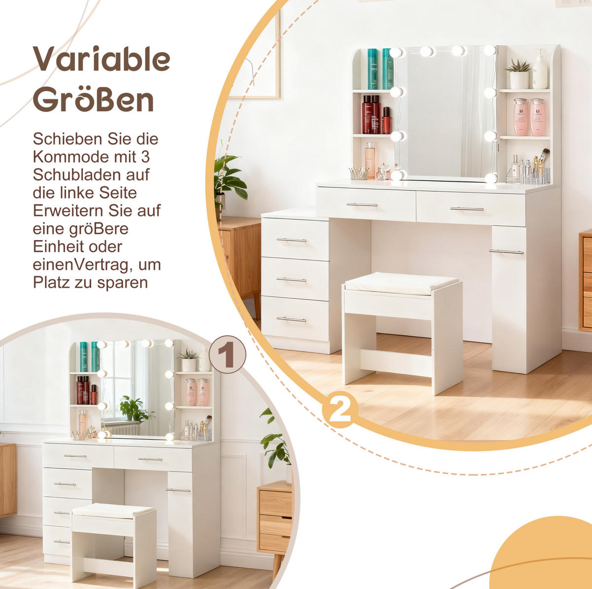 SCHMINKTISCH aus MDF 100x40x136 cm Weiß mit Schiebespiegel, verstecktem Stauraum, LED-Beleuchtung, Kommode, Eckregalen und Hocker - Weiß, Holzwerkstoff (100/136/40.5cm) - Modfu