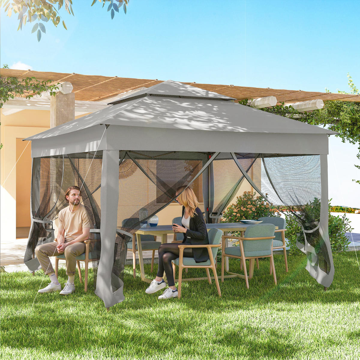 PAVILLON DE-14067 3/3 m, Doppeldach, 4 Moskitonetze - Grau, Metall (325/270/325cm) - ComfortXL