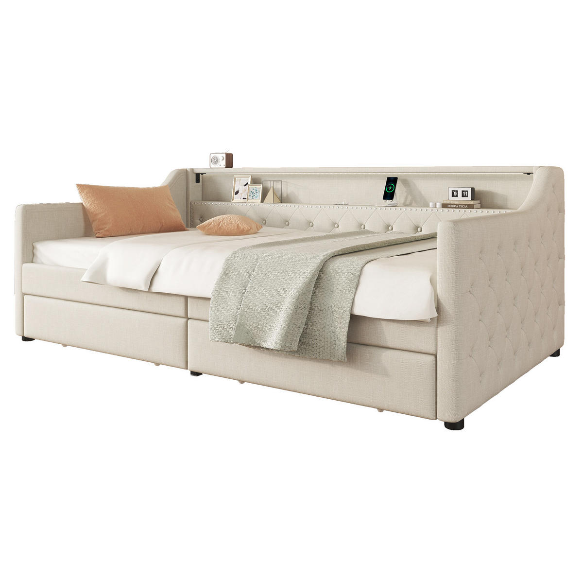POLSTERBETT mit LED-Beleuchtung 90/200 cm mit 2 Schubladen und USB-Anschluss - Beige, Textil (90/200cm) - BEAOK