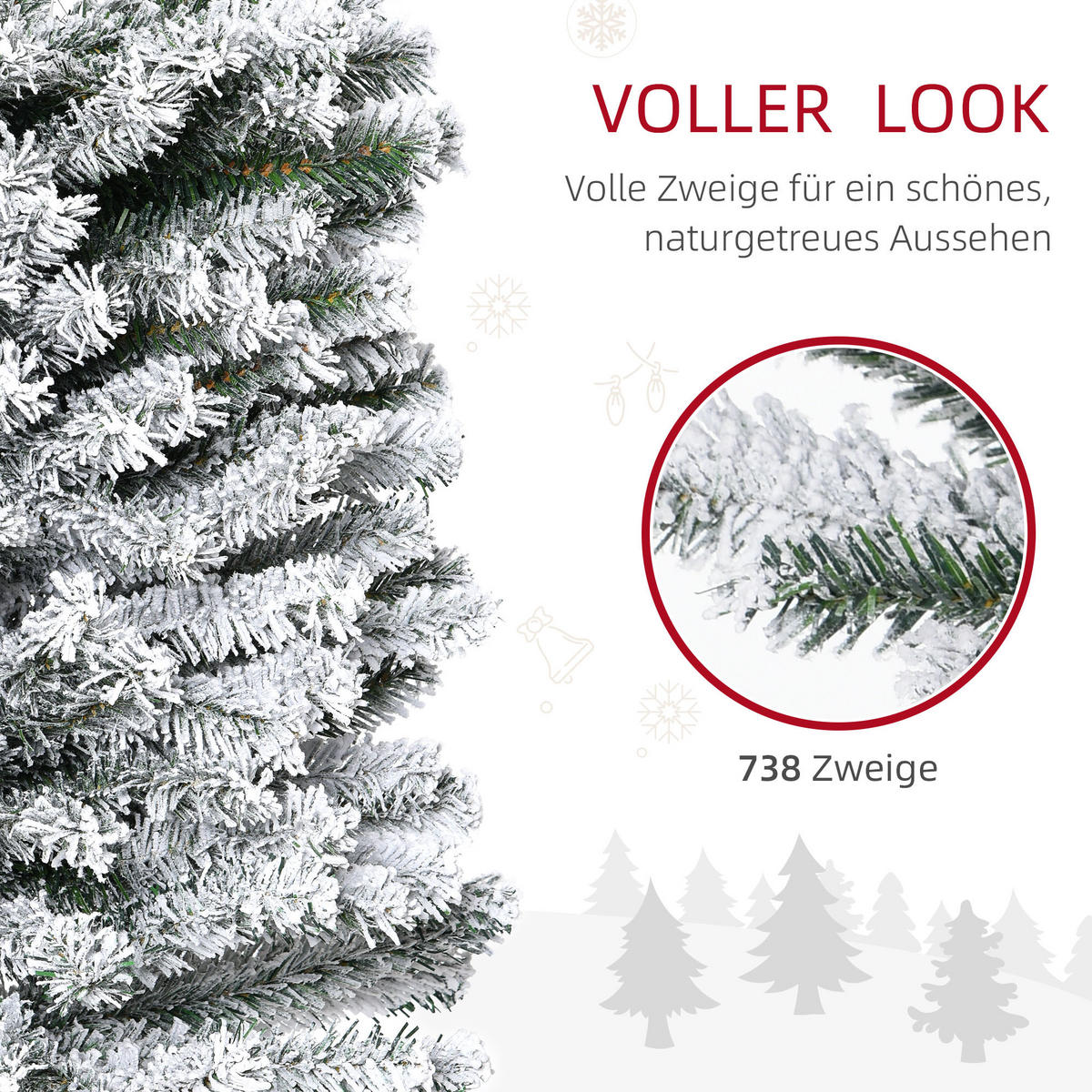 KÜNSTLICHER-WEIHNACHTSBAUM 180 cm Bleistift Kiefernbaum mit Schnee 492 Spitzen - Grün, Kunststoff (180cm) - HOMCOM