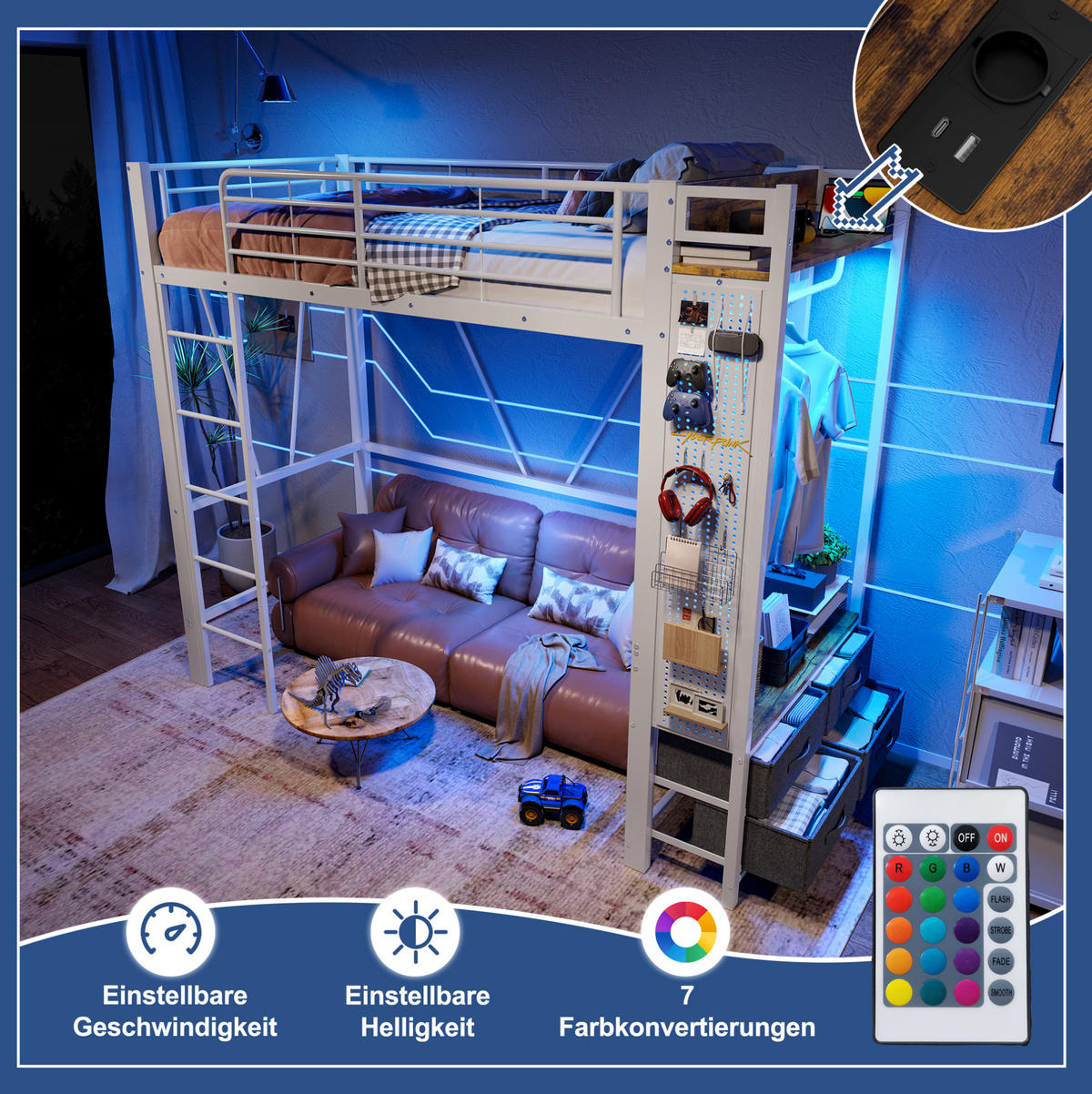 HOCHBETT aus Metall und MDF 90x200 cm Weiß mit Schubladen, LED-Leiste, USB- und Type-C-Anschluss - Weiß, Metall (90/200cm) - IVMEU