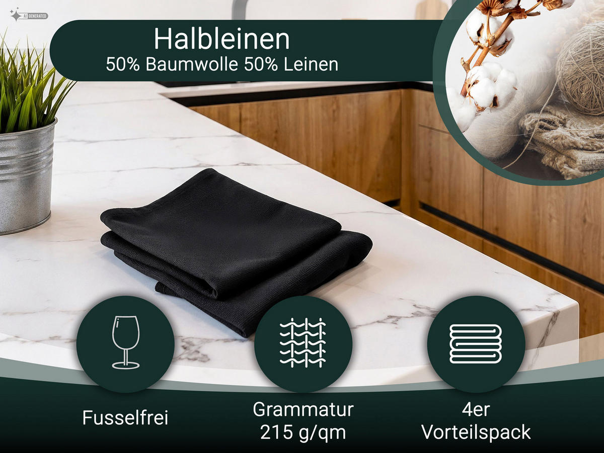 GESCHIRRTÜCHER, 4er-Set, 50x70 cm, 50% Baumwolle, 50% Leinen, Schwarz - Schwarz, Textil (50/70cm) - Zollner