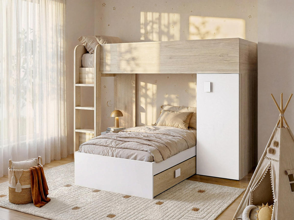 ETAGENBETT - 2 Personen - Holz, Platte - Naturfarben Hell, Weiß - Naturfarben/Weiß, Holz (90/190cm) - Vente-Unique