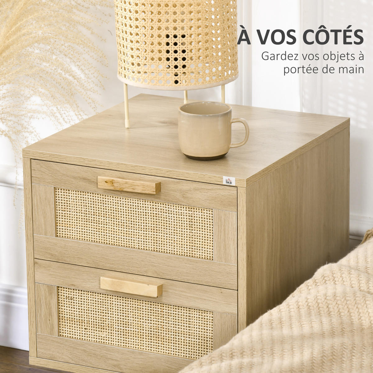 NACHTSCHRANK 2er-Set DE-12815 2 Schubladen mit Rattan Naturholz - Naturfarben, Holzwerkstoff (40/56/40cm) - ComfortXL