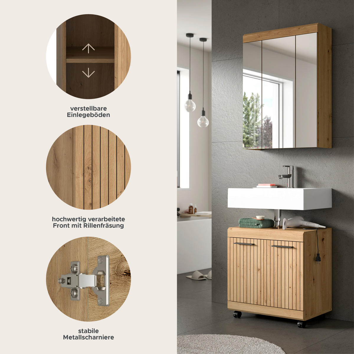 BADEZIMMER Vento 3-tlg. (B/H/T: ca. 60/191/34 cm) in Artisan Eiche /Artisan Eiche - Eiche Artisan, Holzwerkstoff (60/191/34cm)