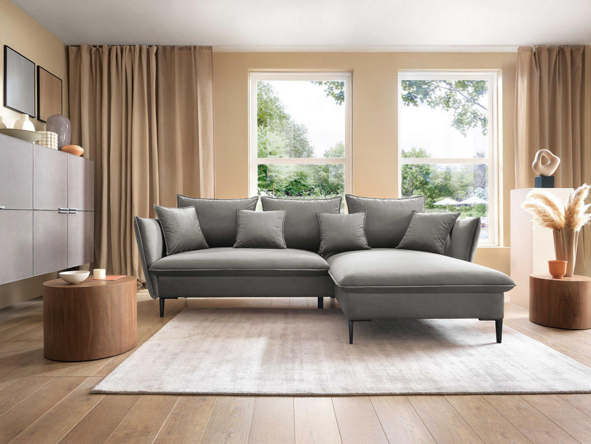 ECKSOFA SOLE Grau Plüsch-Stoff mit Schlaffunktion - Grau, Holz (258/167cm) - MASSENO