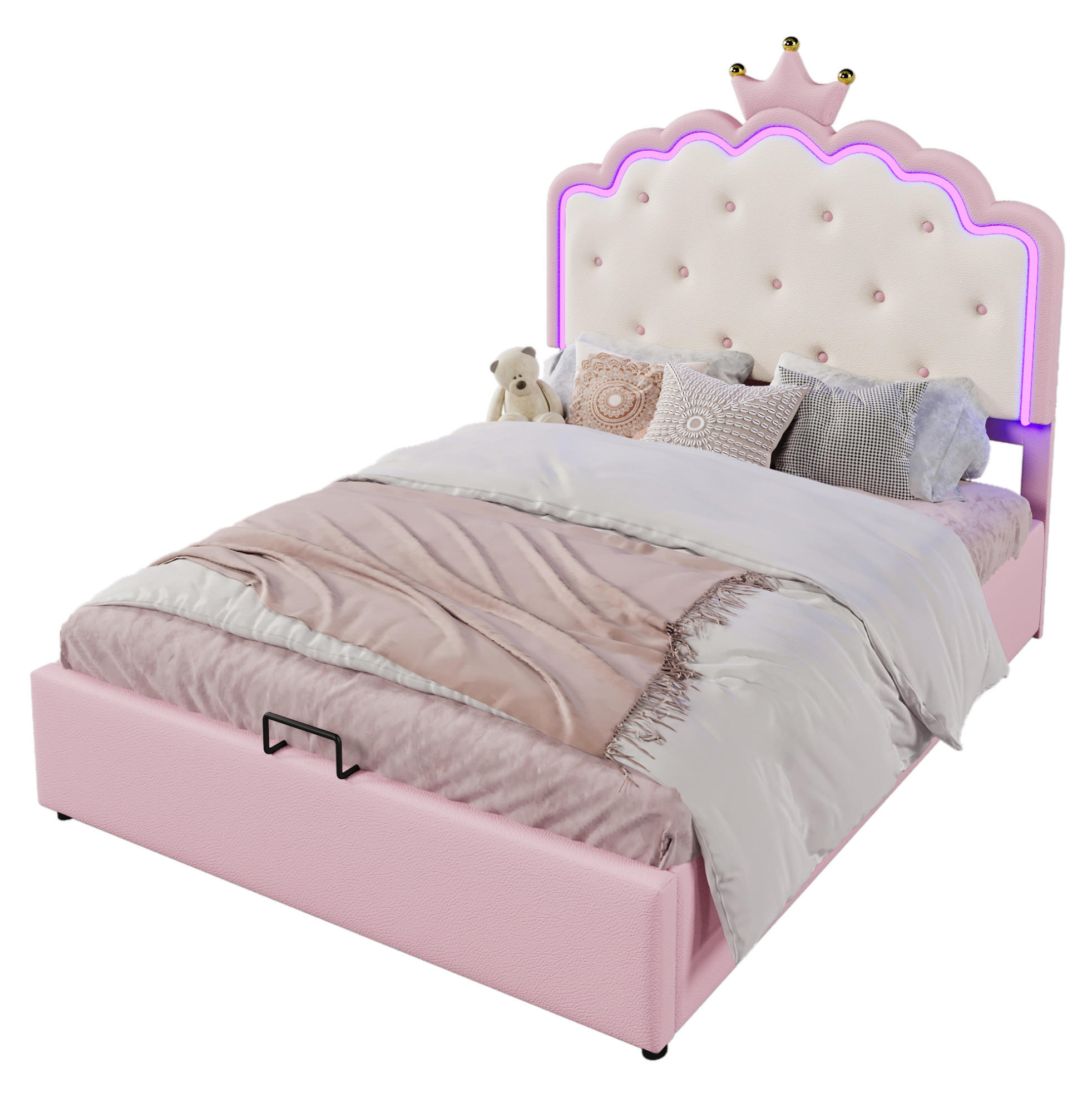 POLSTERBETT 140/200 cm aus PU und MDF mit LED-Beleuchtung und hydraulischem Stauraum Rosa - Pink, Kunststoff (140/200cm) - Modenvie