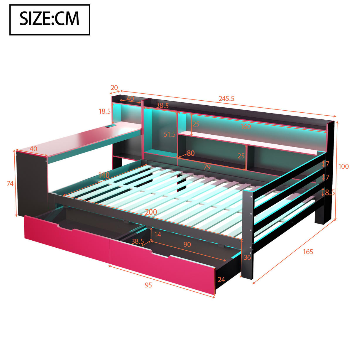 MULTIFUNKČNÁ posteľ 140/200 cm čierna s červenou z dreva s písacím stolom policami zásuvkami LED osvetlením a USB - čierna, kompozitné drevo (140/200cm) - OKWISH