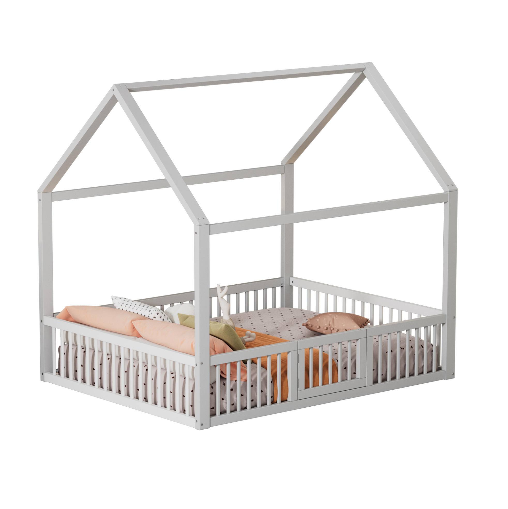 HAUSBETT 140/200 cm Weiß aus Kiefernholz und MDF mit Sicherheitsgitter und Türchen - Weiß, Holz (140/200cm) - OKMYHOME
