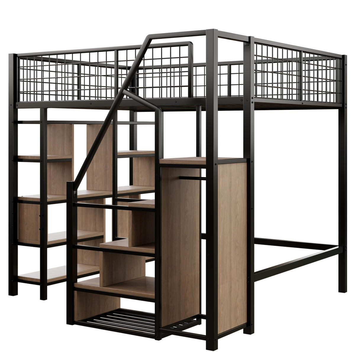 HOCHBETT 140/200 cm aus Metall und Holz mit Stauraumtreppe, Schwarz - Schwarz, Metall (140/200cm) - Flora Grace