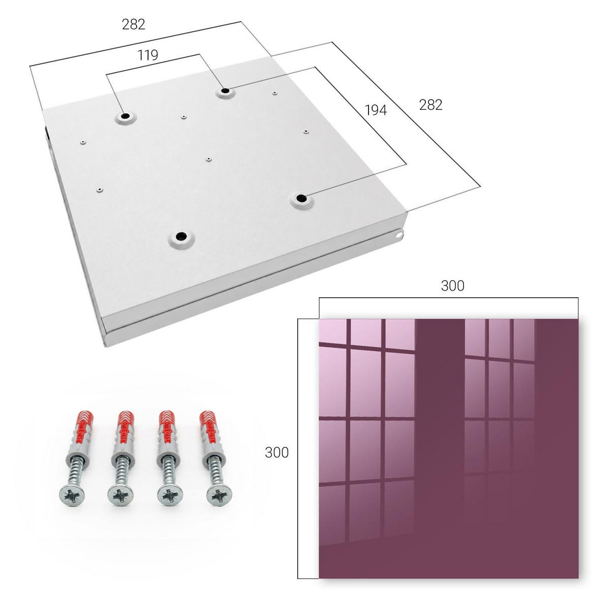 SCHLÜSSELBOX Weiß 30x30 cm – Türöffnung nach rechts - Farbe Burgunderrot - Bordeaux, Metall (30/30/5cm) - TULUP