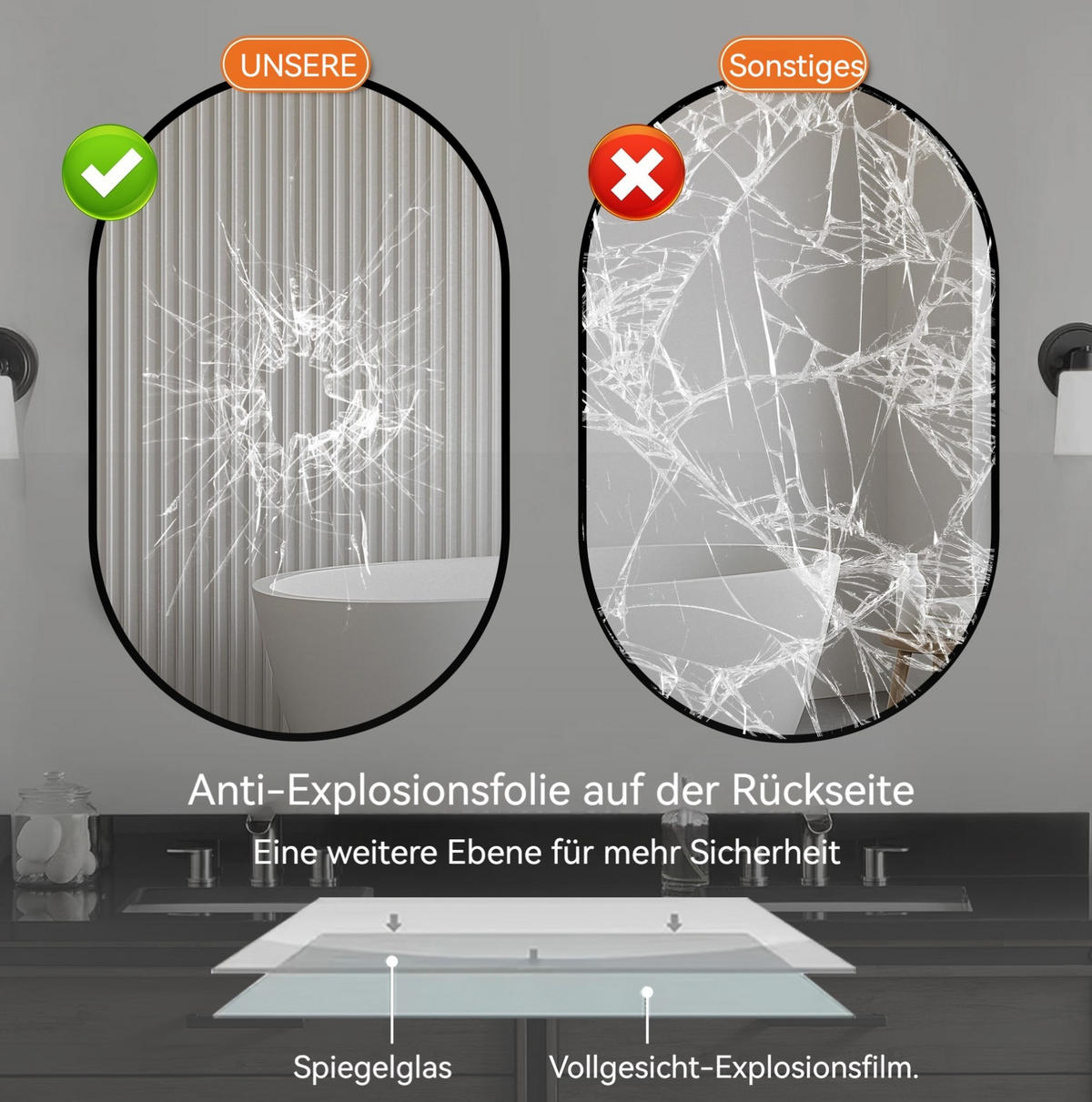 BADEZIMMERSPIEGEL 50x80x3cm Silber,horizontal/vertikal montierbar mit Explosionsschutzglas - Silberfarben, Glas (3/80/50cm) - Modfu
