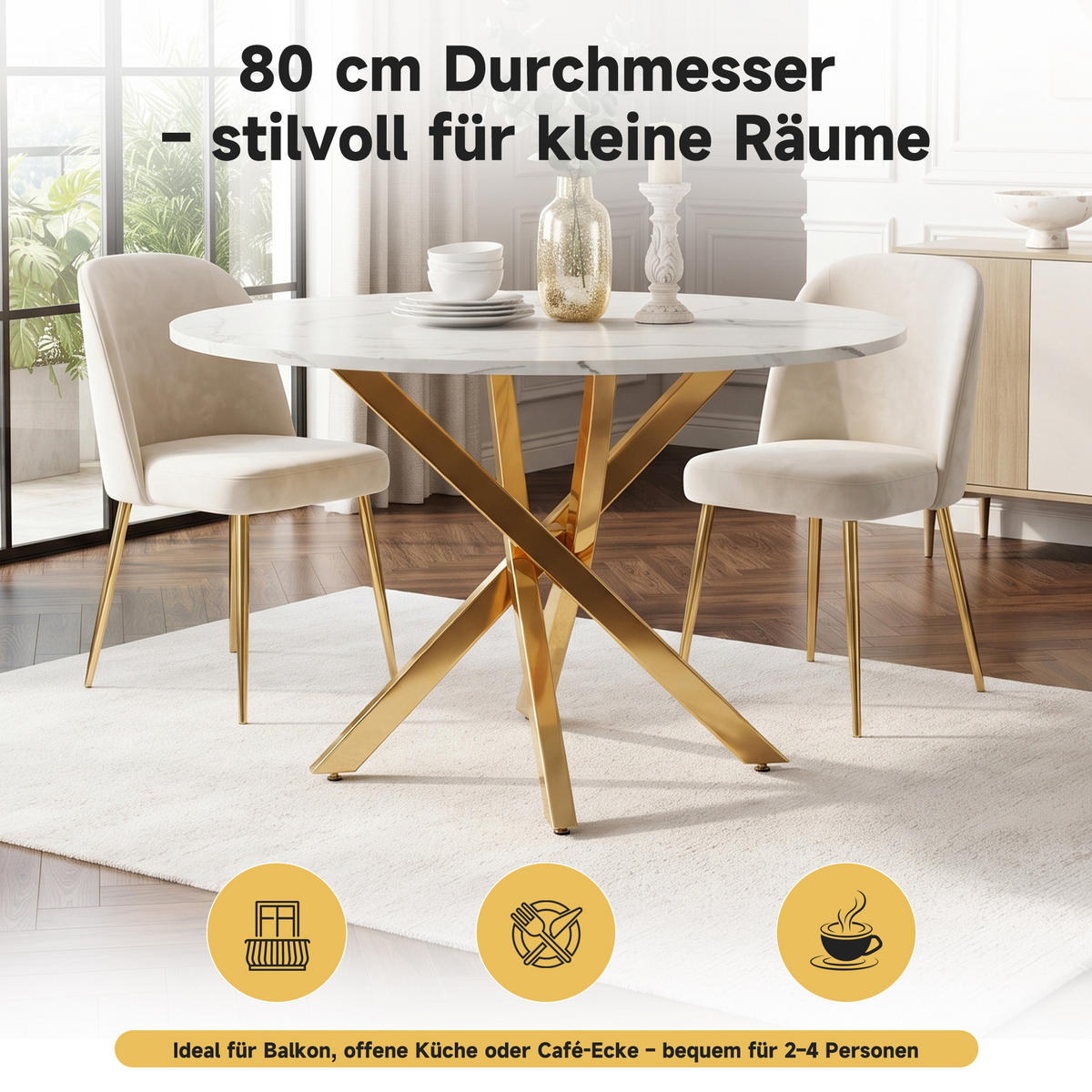 ESSTISCH Rund 80x80x75cm Marmoroptik Gold Weiß - Goldfarben/Weiß, Holzwerkstoff (80/80/75cm) - FLIEKS