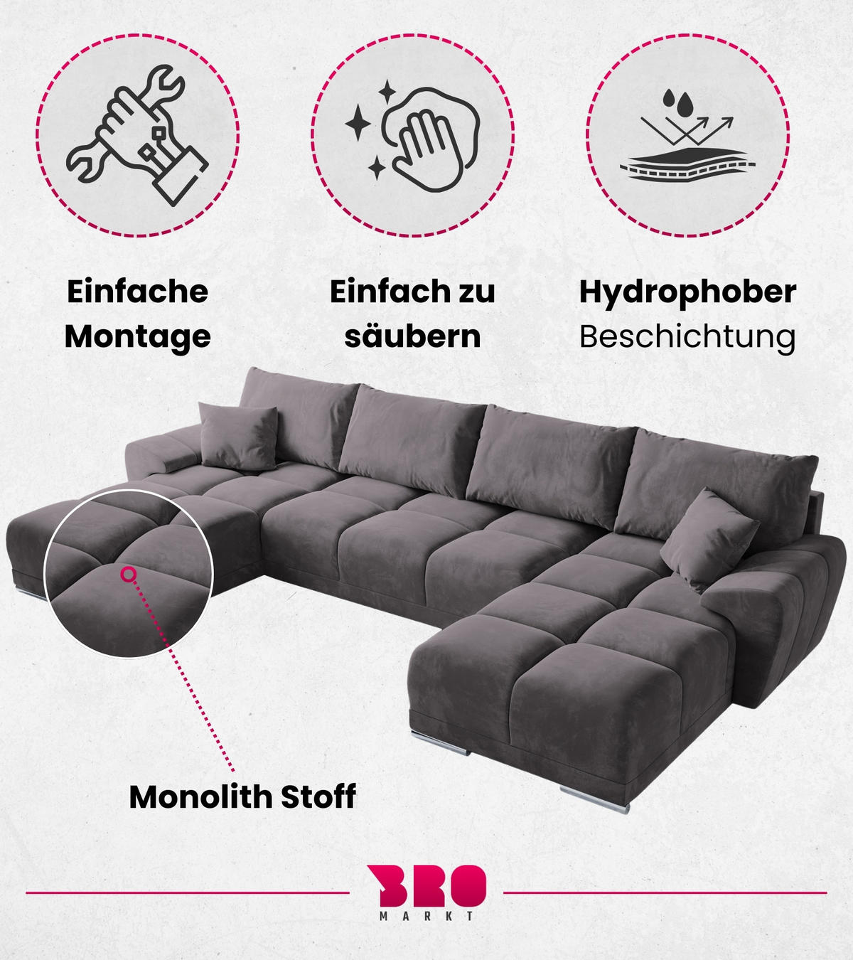WOHNLANDSCHAFT Nubes mit Schlaffunktion Puderrosa Plüsch - Silberfarben/Rosa, Kunststoff/Textil (372/85/184cm) - Bromarkt