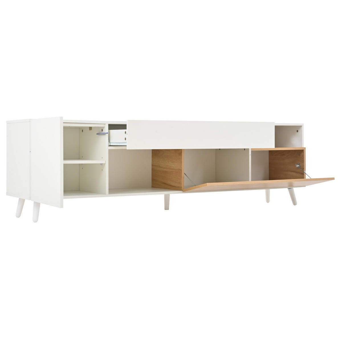 FERNSEHSCHRANK aus Spanplatte 180x38x50 cm Weiß/Naturfarben mit Hochglanzfront, 1 Schublade und 7 Fächern - Hellbraun, Holzwerkstoff (180/50/38cm) - Modfu
