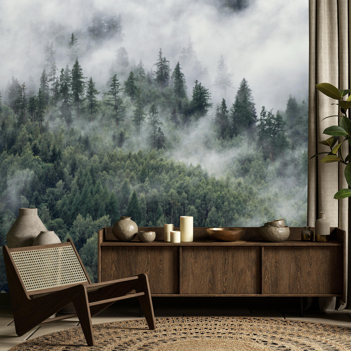 FOTOTAPETE für Schlafzimmer Morgennebel Nadelwald Bäume 500x350 - Weiß/Grau, Papier (500/350cm) - Muralo