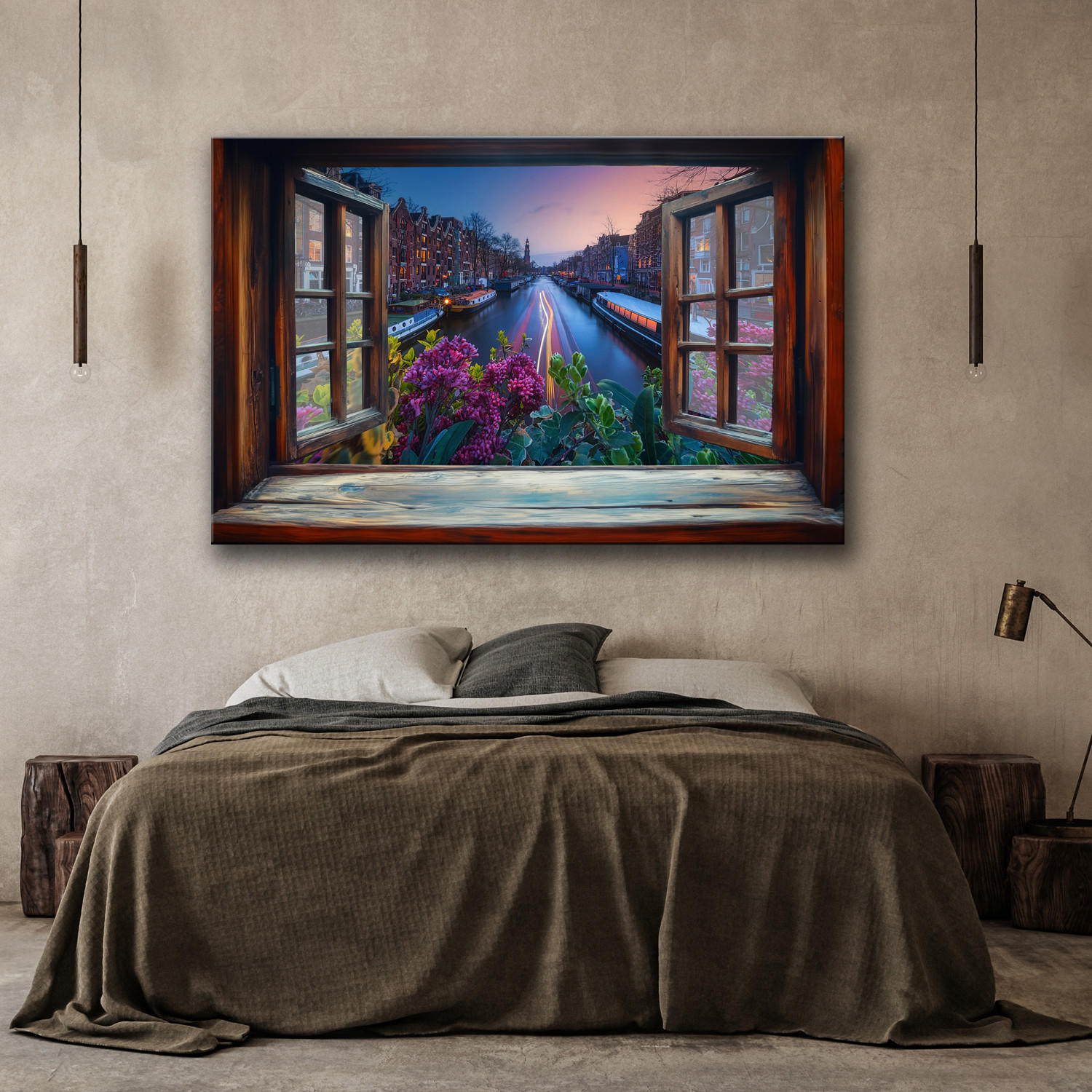 WANDBILD fensterblick auf die stadtarchitektur von amsterdam - Braun, Textil (60/40cm) - Feeby