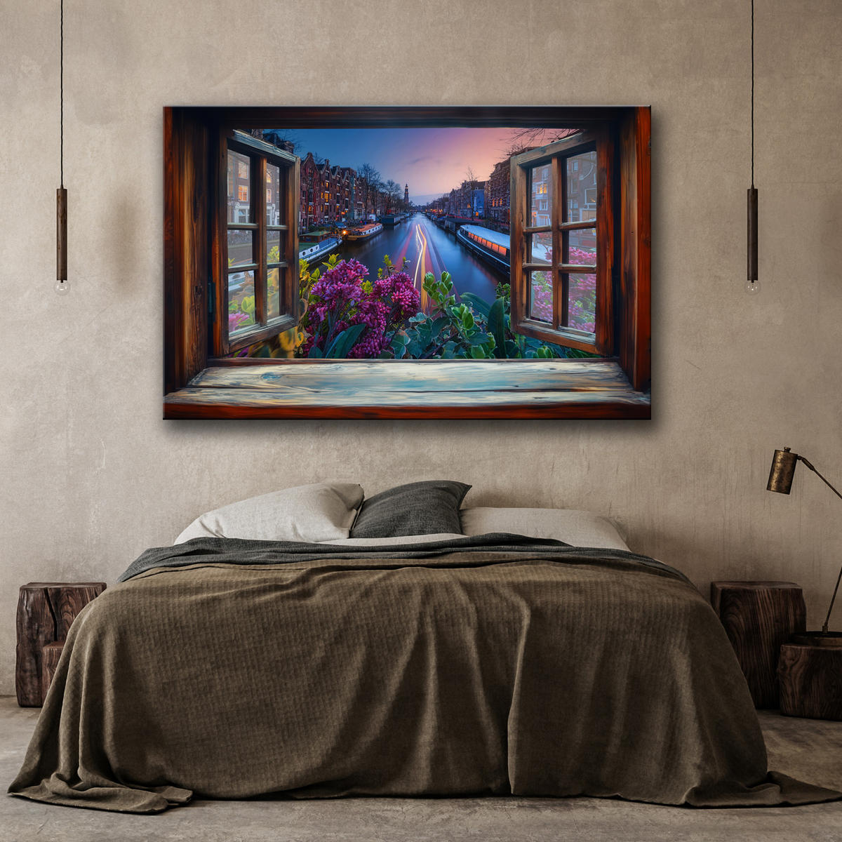 WANDBILD fensterblick auf die stadtarchitektur von amsterdam - Braun, Textil (60/40cm) - Feeby