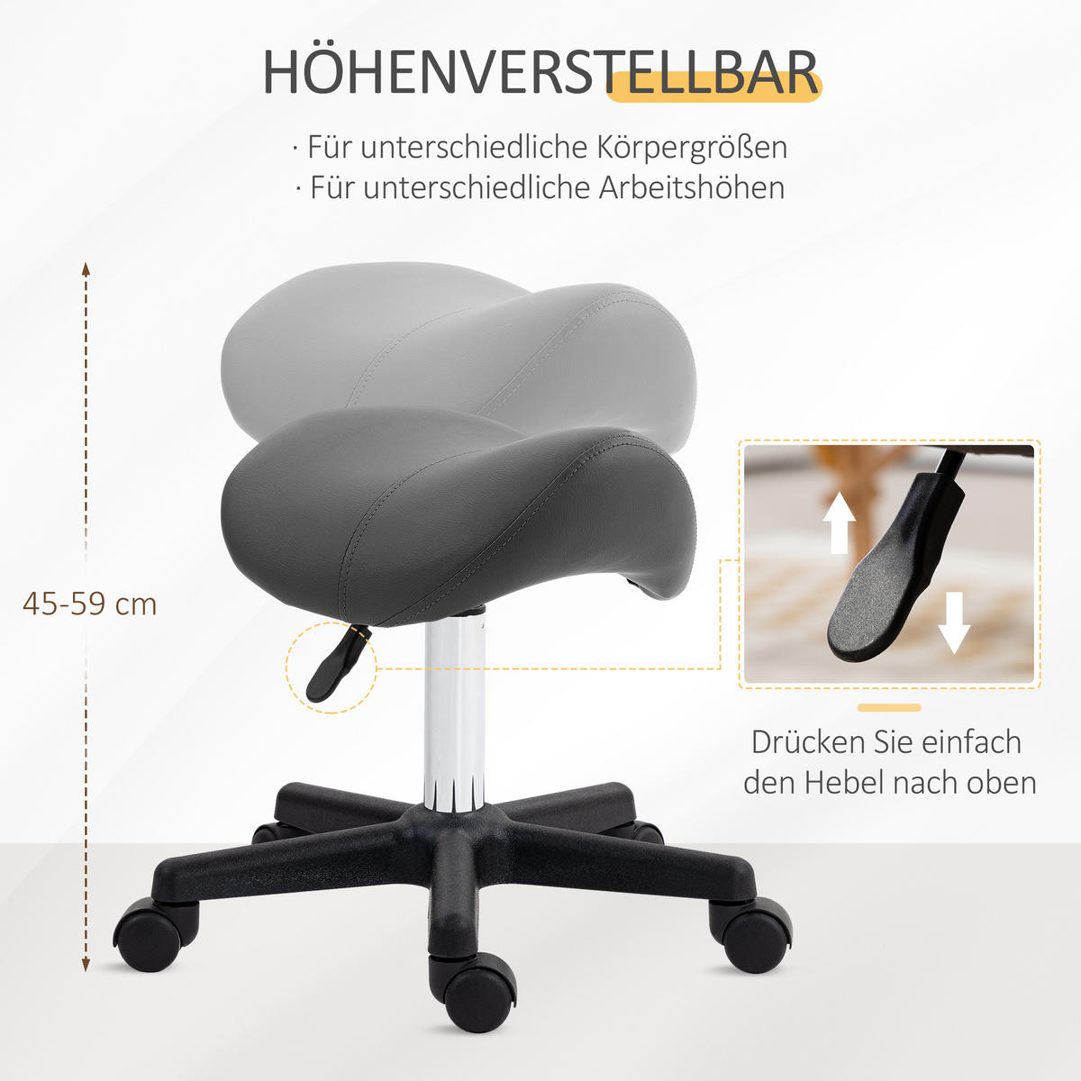 ROLLHOCKER Höhenverstellbar Grau 48.0/47.0/59.0 cm - Grau, Leder (47/59/48cm)