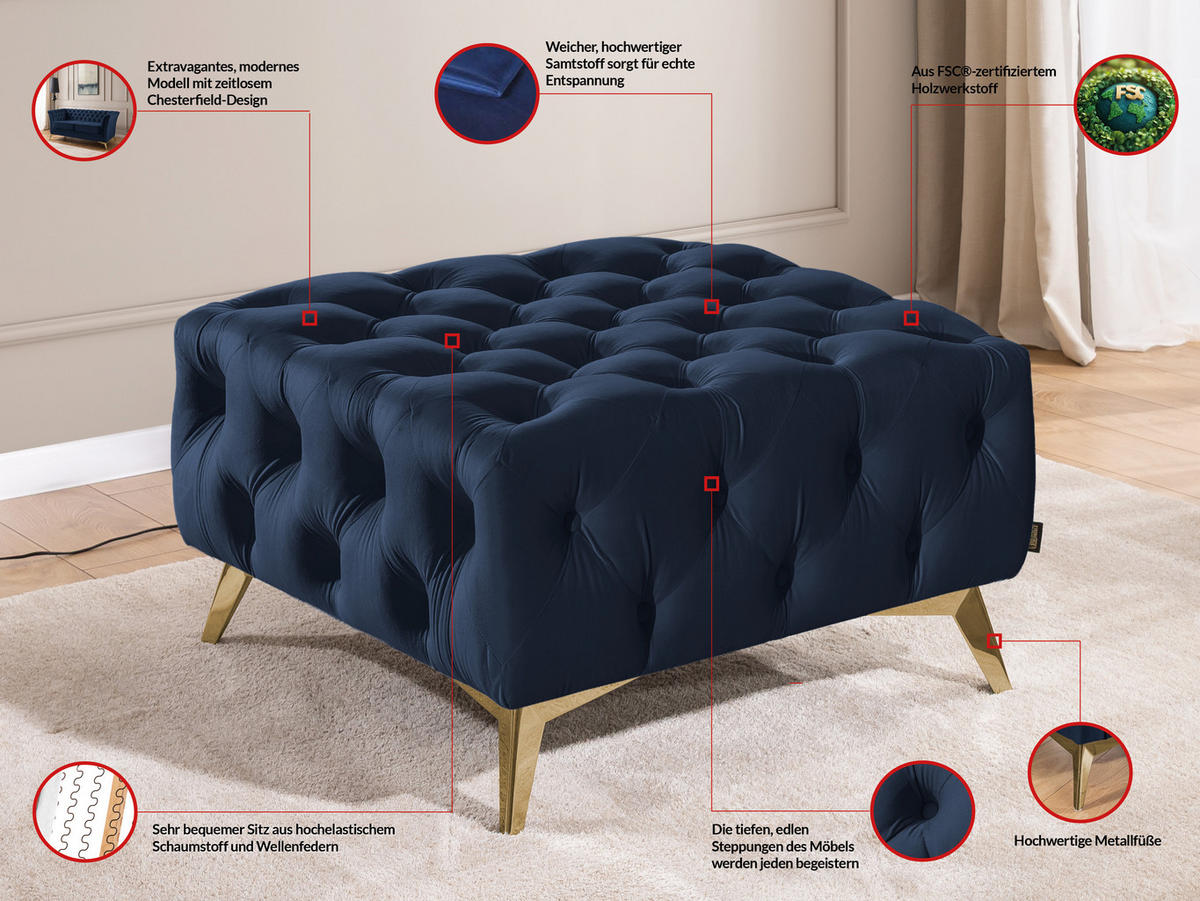 HOCKER Chesterfield Whitby Marineblau Samt mit goldenen Füßen - Blau/Goldfarben, Holz/Textil (80/45/80cm) - S-Style Möbel