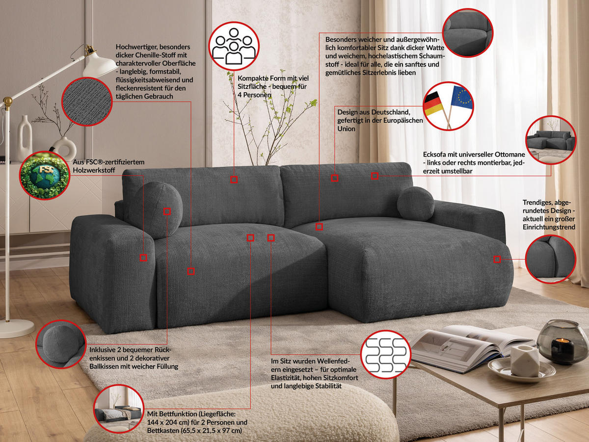 ECKSOFA Puffy mit Schlaffunktion und Bettkasten - besonders weich und puffig aus Grau Chenille-Stoff - Ottomane rechts - Schwarz/Grau, Holz/Kunststoff (266/138cm) - S-Style Möbel