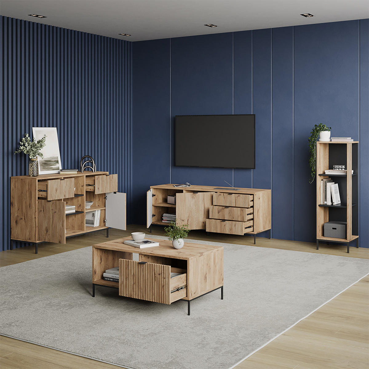 LOWBOARD Aterno Viking Oak 150 x 60 cm mit 3 Schubladen, 2 Türen - Eichefarben, Holzwerkstoff (150/60/42cm) - Livinity®