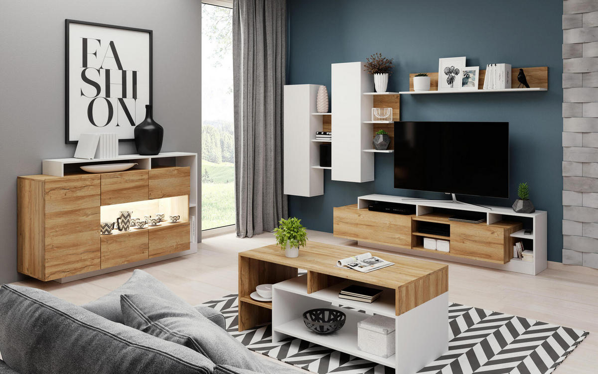 WOHNWAND ALVA Weiß 260x44x120 cm - Weiß, Holzwerkstoff (260/120/44cm) - FURNLUX