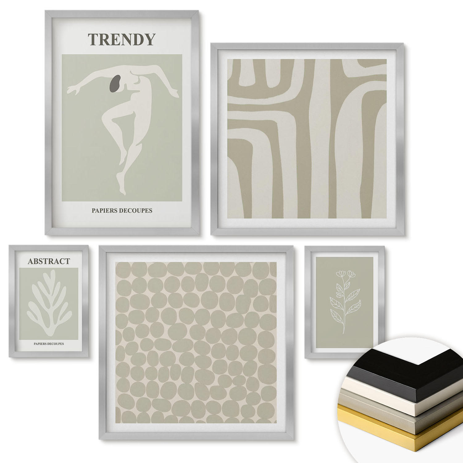 WANDBILDER 5er Set - 50x50 cm & 20x30 cm & 40x60 cm Silberner Rahmen - Pflanzen- und geometrische Muster - Silberfarben, Kunststoff (40/60cm) - ArtPrintCave