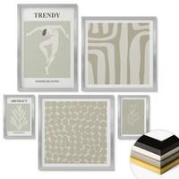 WANDBILDER 5er Set - 50x50 cm & 20x30 cm & 40x60 cm Silberner Rahmen - Pflanzen- und geometrische Muster - Silberfarben, Kunststoff (40/60cm) - ArtPrintCave