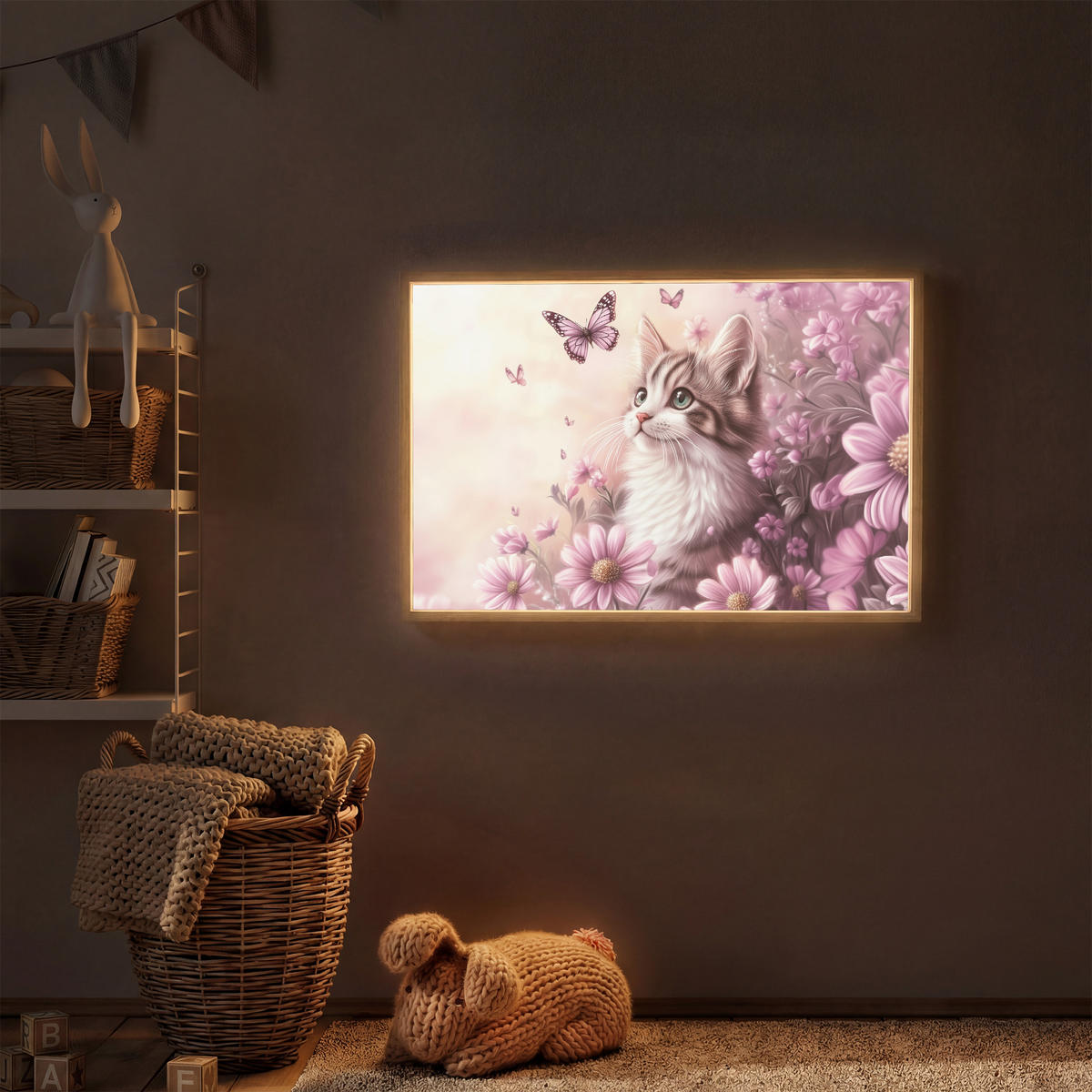 NÁSTĚNNÁ LAMPA S AKUMULÁTOREM Koťátko - Květiny - Motýli - Fialová 100x70 cm - starorůžová, kompozitní dřevo (100/70/8cm) - OnlyWow