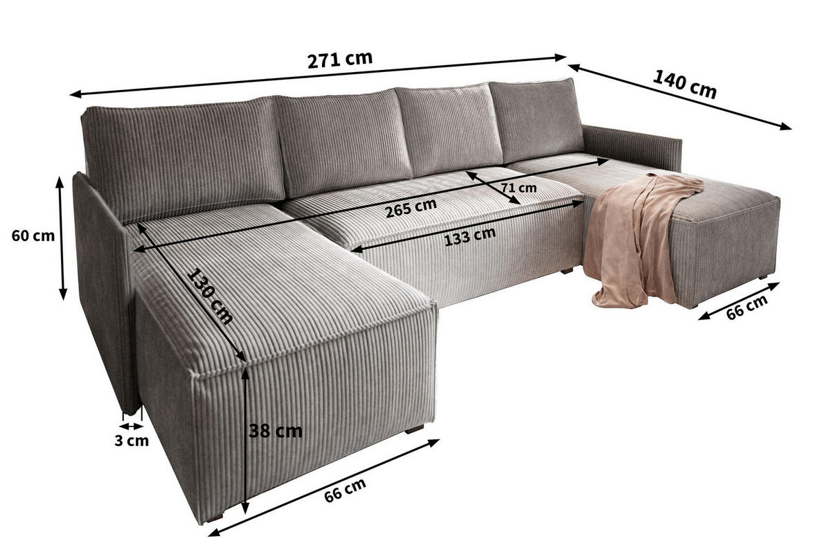 WOHNLANDSCHAFT TRES Grün Kordstoff mit Schlaffunktion - Grün, Holz (271/85/140cm) - MASSENO
