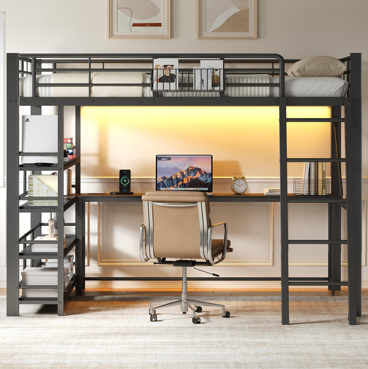 HOCHBETT aus Metall und MDF 140x200 cm Schwarz mit Schreibtisch, LED-Beleuchtung und Stauraum - Schwarz, Holzwerkstoff (140/200cm) - IVMEU