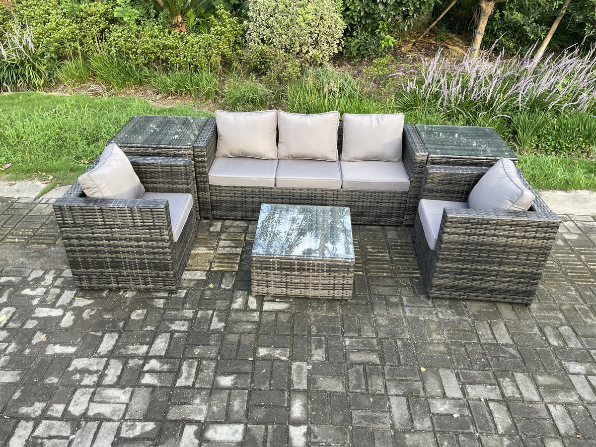 GARTENSET mit Beistelltisch Polyrattan 5-Sitzer - Dunkelgrau, Metall - Fimous