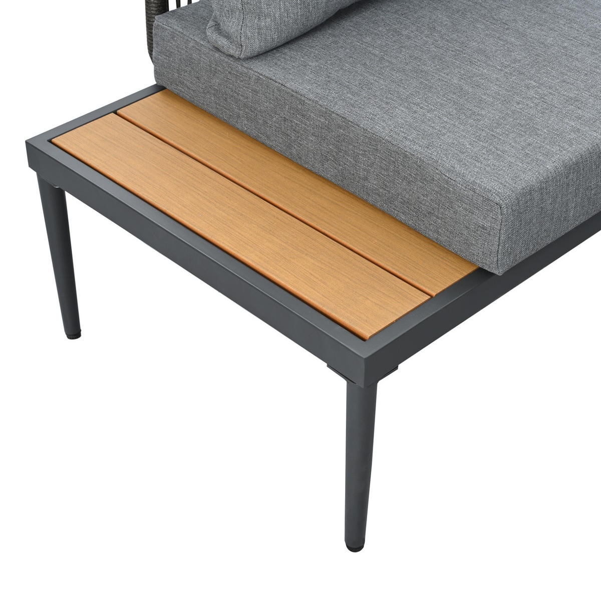 GARTEN-ESSGRUPPE mit Ecksofa, Esstisch, Olefin und handgeflochtener Seilbespannung, Grau - Grau, Metall - Redom