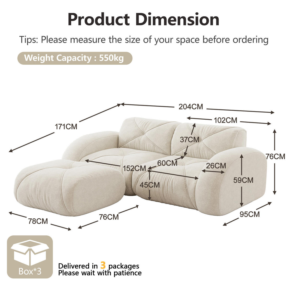 SOFA modular mit Hocker Chenille White 3-tlg. - Weiß, Kunststoff (171/204cm) - Meubliv