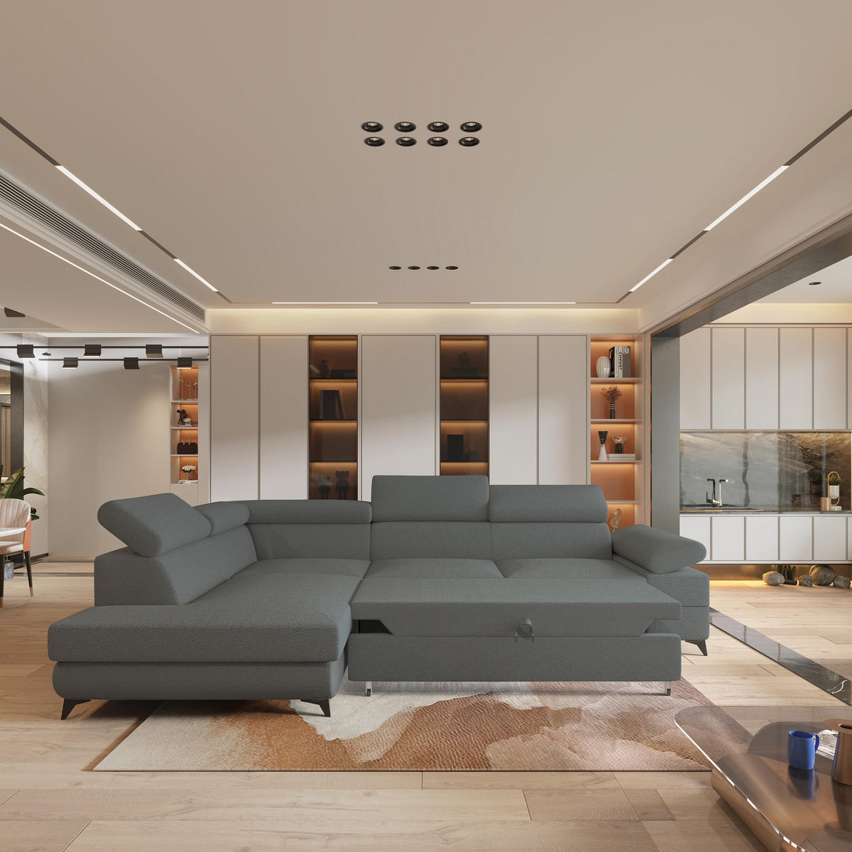 ECKSOFA FAVIEN L-S Grau Boucle-Stoff mit Schlaffunktion - Grau, Holz (257/190cm) - MASSENO