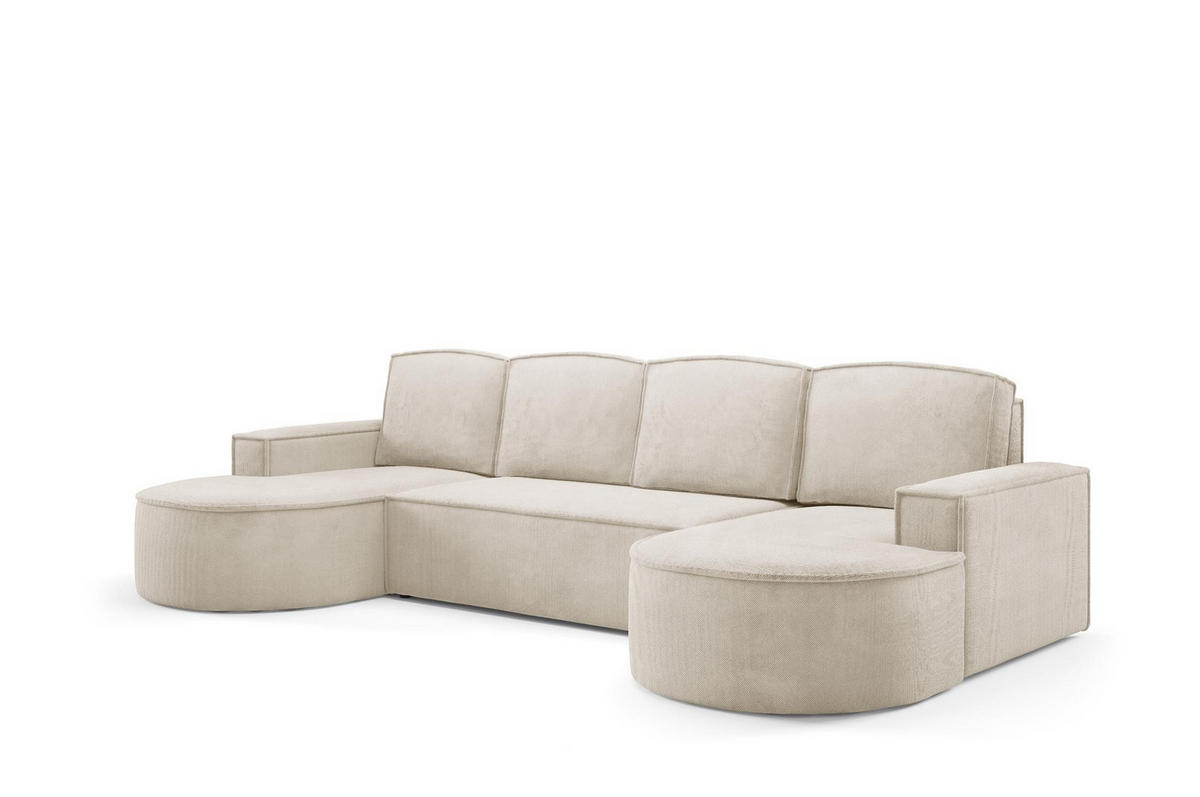 WOHNLANDSHAFT Flow U Hellbeige, mit Schlaffunktion in Curio Stoff - Creme, Holzwerkstoff/Textil (316/88/157cm) - Bettso