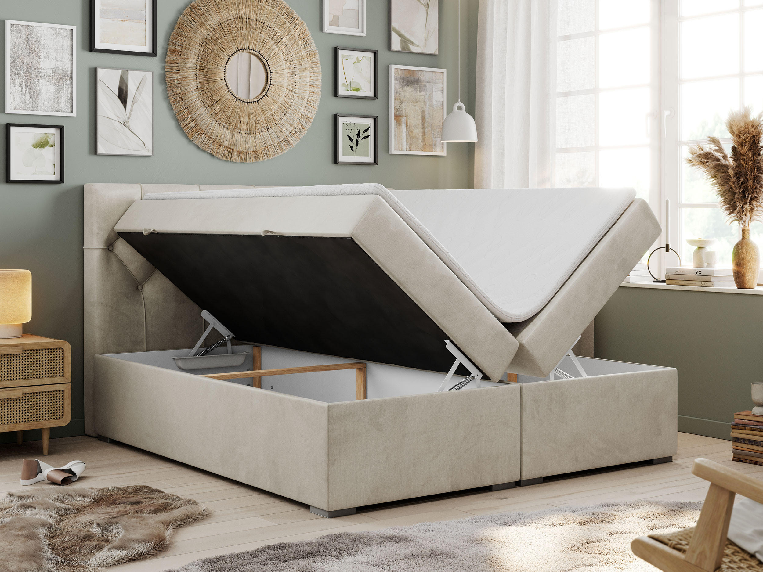 Thumbnail - MKS Boxbett, Beige, Textil, 2-Sitzer, H4, Rechteckig, 200x200 cm, Schlafzimmer, Betten, Boxspringbetten