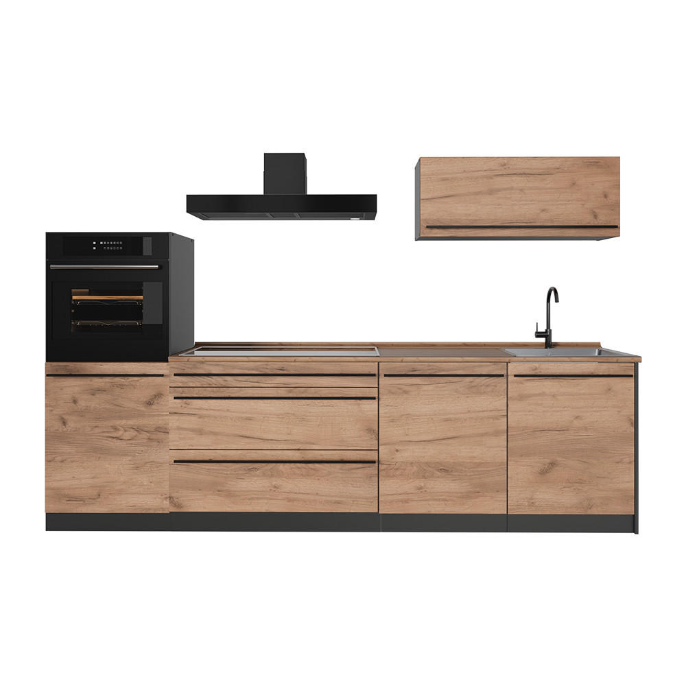 KÜCHENZEILE R-Line, Goldkraft Eiche/Anthrazit, 280 cm Arbeitsplatte Goldkraft Eiche - Honigeiche/Anthrazit, Holzwerkstoff (280/143/60cm) - Vicco