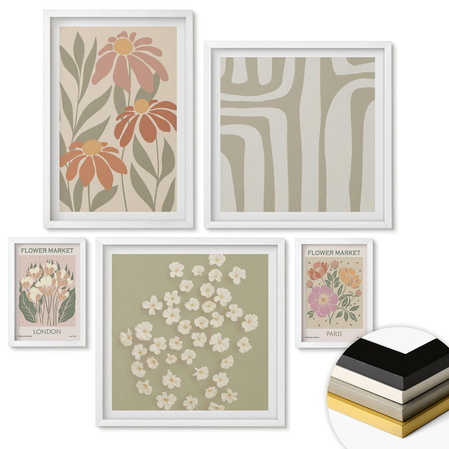 WANDBILDER 5er-Set - 50x50 cm & 20x30 cm & 40x60 cm Weißer Rahmen - Botanische Motive, Pariser Minimalismus - Weiß, Kunststoff (40/60cm) - ArtPrintCave
