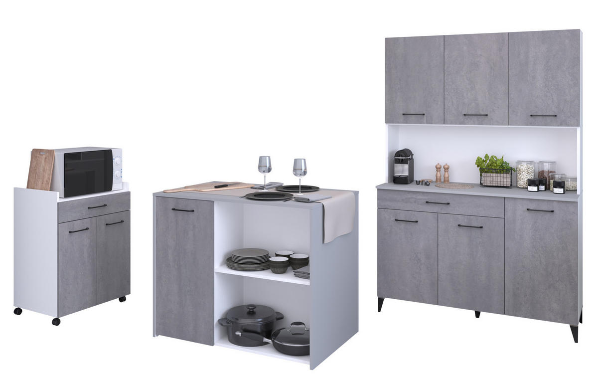 KÜCHENMÖBEL Malice 6 in Weiß und Beton 3teilig Küchenbuffet mit Kücheninsel und Beistellschrank - Weiß, Holzwerkstoff (80/200/120cm)