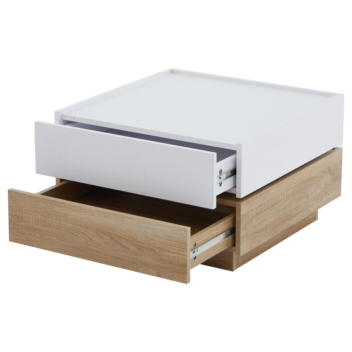 COUCHTISCH 60/60/38 cm mit 360° drehbarer Tischplatte und 2 Schubladen in Weiß und Walnuss - Weiß/Braun, Holzwerkstoff (60/60/38cm) - OKWISH