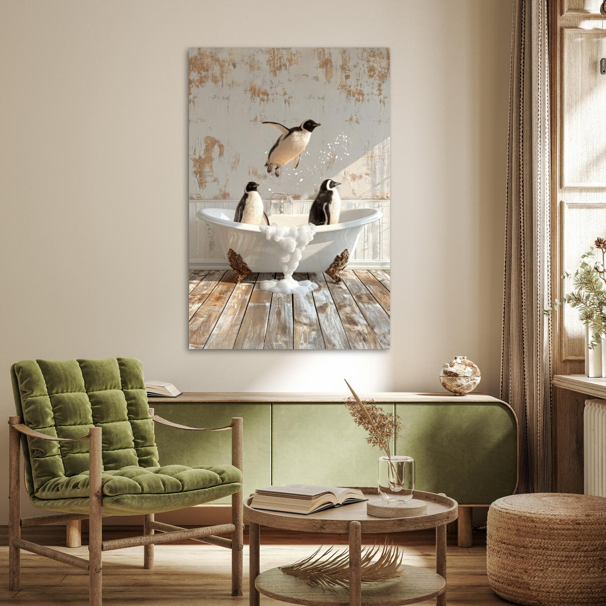 POSTER Vintage - Pinguin - Badewanne - Schaumstoff 80x120 cm - Schwarz, Papier (80/120/0.1cm) - MuchoWow