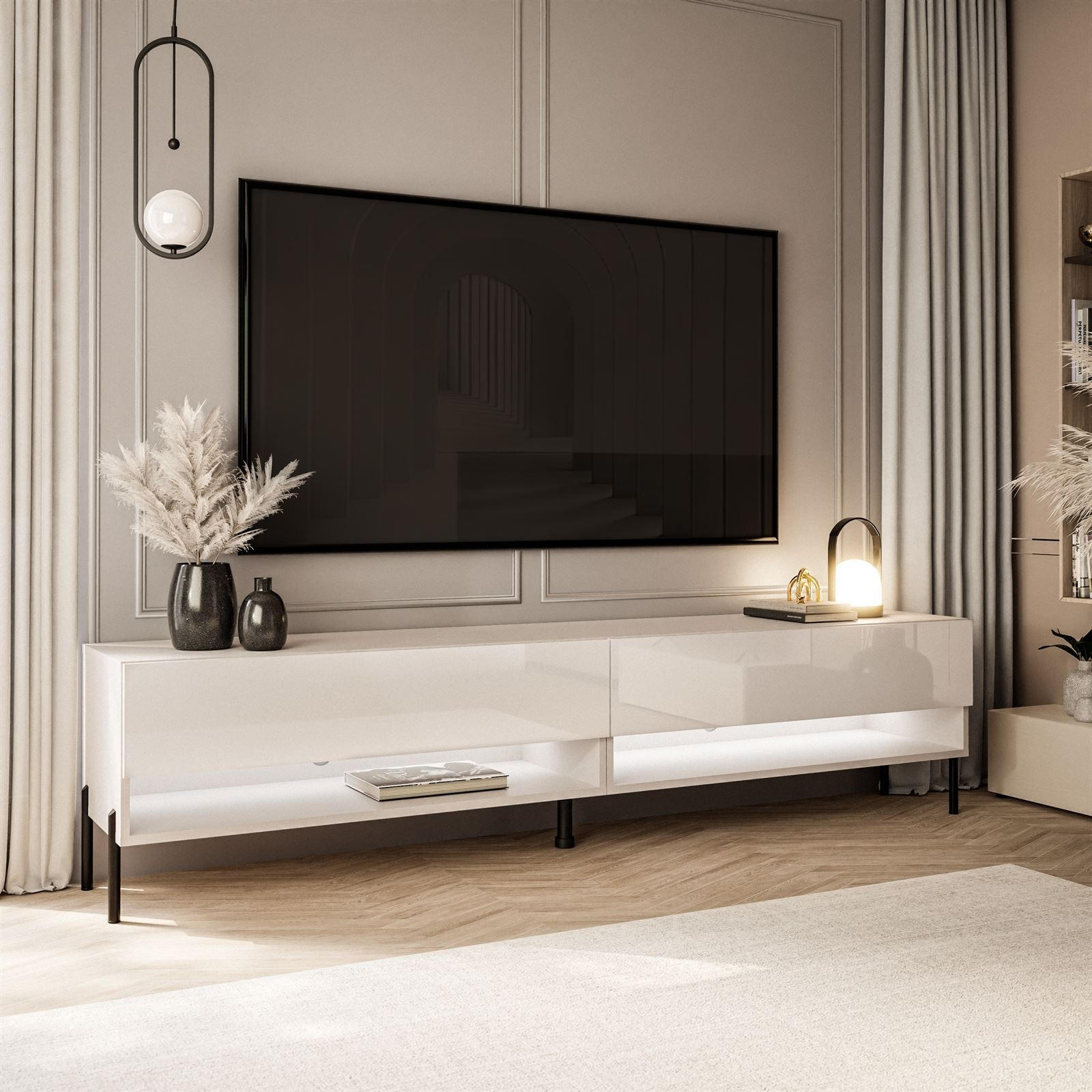 LOWBOARD RTV Schrank CALANTE 180 cm auf geraden schwarzen Beinen - Beige/Schwarz, Holzwerkstoff/Metall (180/44/35cm) - Lookway