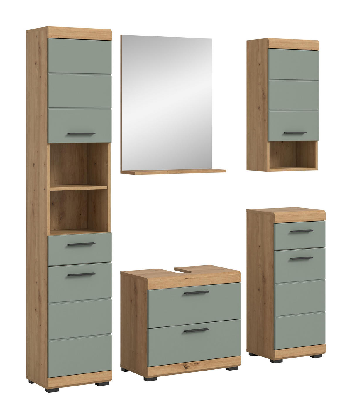 BADKOMBINATION 5tlg. Scout Bad in Artisan Eiche Nachbildung und Salbei Nachbildung B/H/T: 164x191x37 cm - Eiche Artisan, Holz (164/191/37cm)