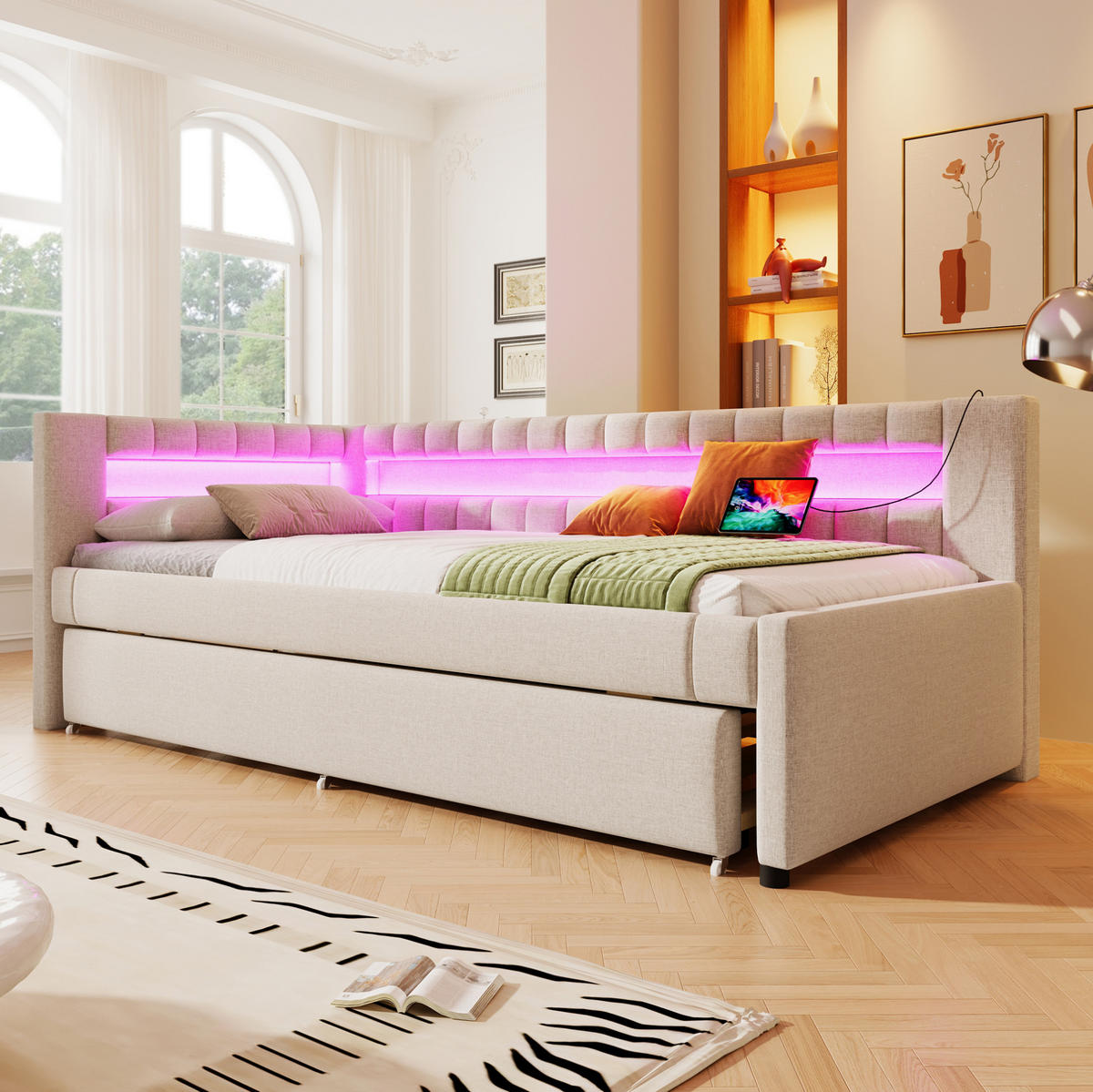 POLSTERBETT mit LED-Beleuchtung 90/200 cm mit Ausziehbett und USB/Type-C - Beige, Textil (90/200cm) - BEAOK