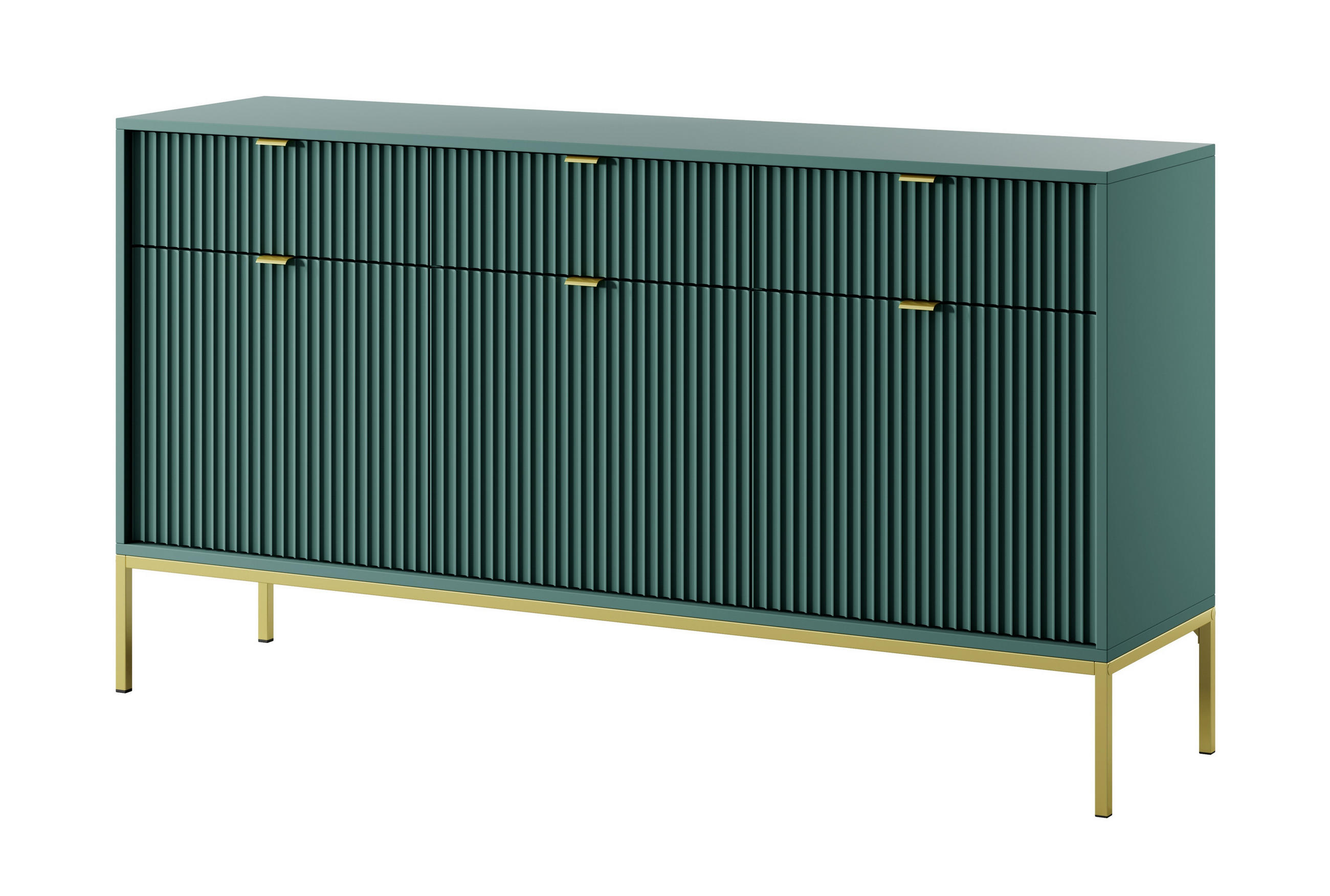 SIDEBOARD Eternas 3T 3S Grün 154/83/39 cm – goldene Füße, mit geriffelten Fronten - Goldfarben/Grün, Holzwerkstoff (154/83/39cm) - AX Living