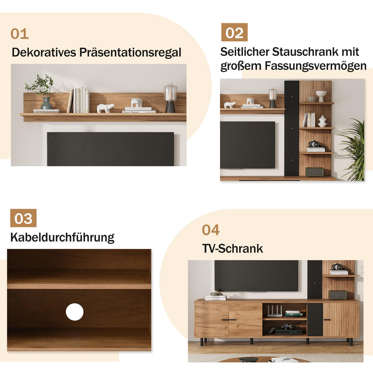 WOHNWAND 188cm Holz Schwarz TV-Board Vitrine Regal - Multicolor, Holzwerkstoff (187.5/167/40cm) - FLIEKS